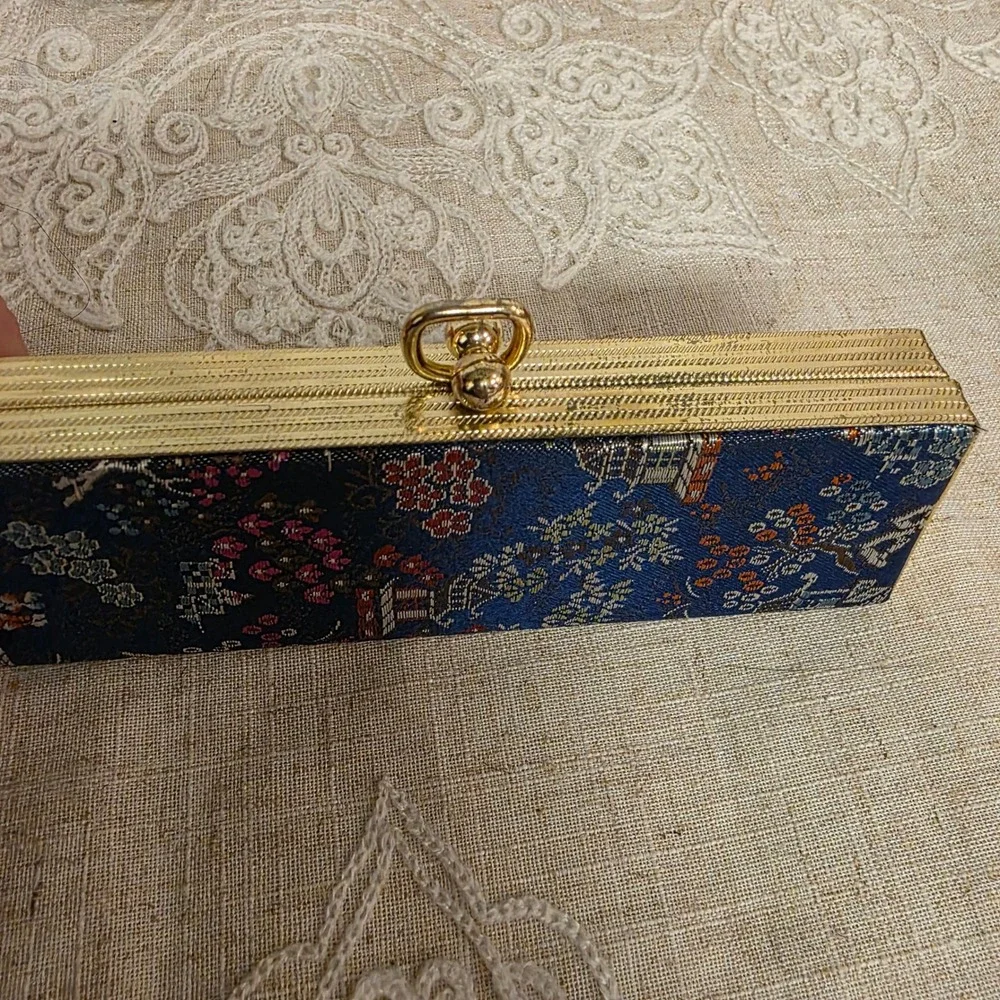 Vintage Slim Reading Eyeglasses Case, Navy Blue Floral Brocade Gold Frame